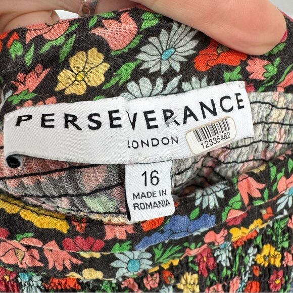 PERSEVERANCE London Poppy Floral Mini Skirt Smocked Tiered Ruffle Linen Sz 16 - Picture 8 of 11